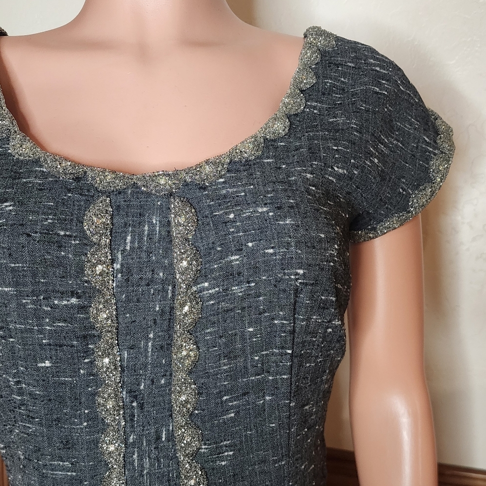 1950s Grey Silk Tweed Rhinestone Beaded Embellished Dress Large - Picture 5 of 9